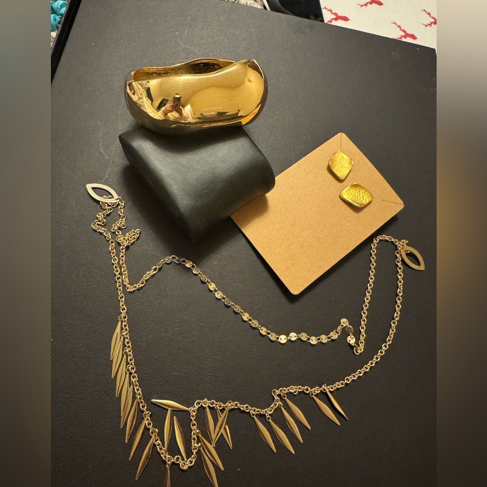 ✨ Gold Tone Statement Jewelry Bundle | Cuff + Studs + Drape Necklace
